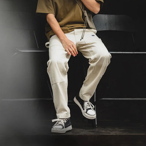 Men’s Retro Workwear Off-White Jeans – Distressed Loose Fit Multi-Pocket Woodcutter Pants